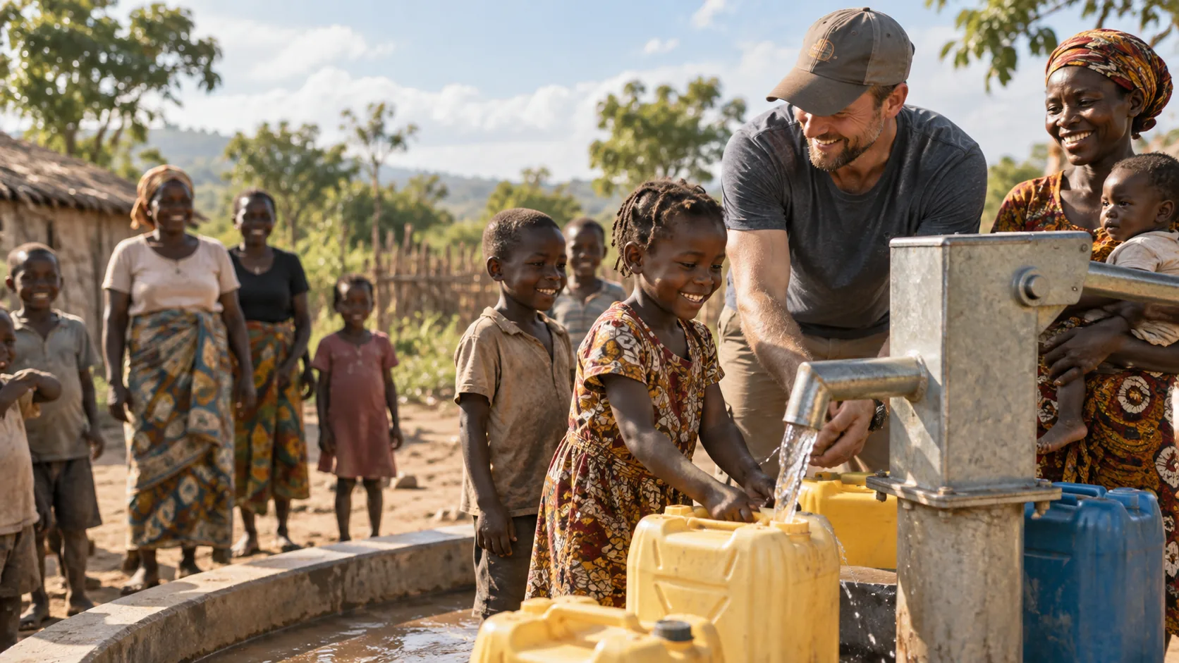 Community gathering around a clean-water project